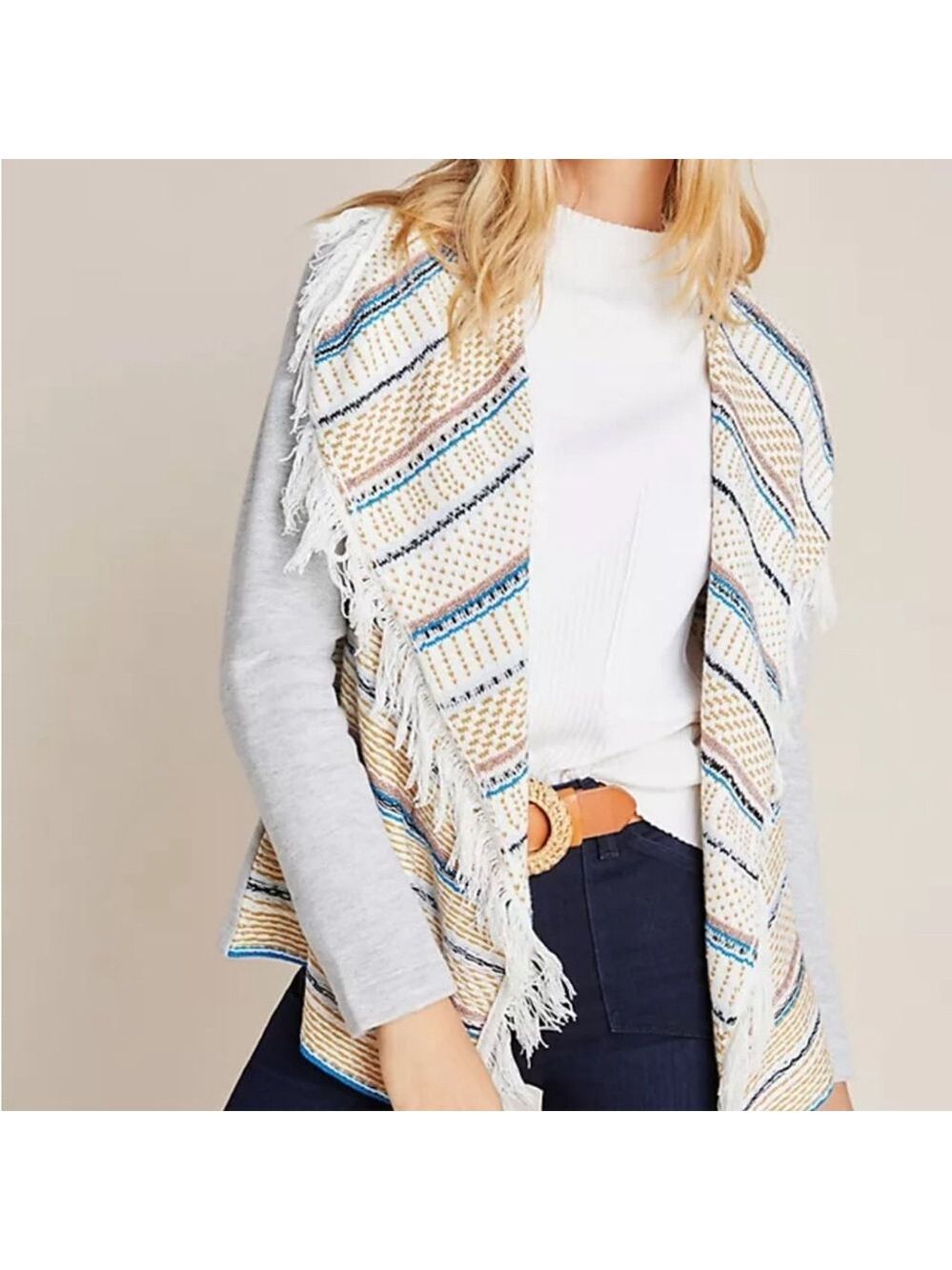 DOLAN ANTHROPOLOGIE Margaux fringed cardigan open front grey cream oversized XS